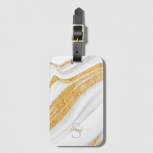 White Marble and Printed Gold Glitter Luggage Tag