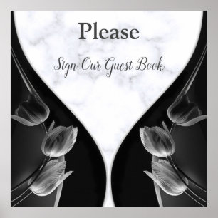 White Marble - Black Abstract Tulips Guest Book