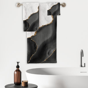 White Marble Black Agate Gold Glitter Bath Towel Set