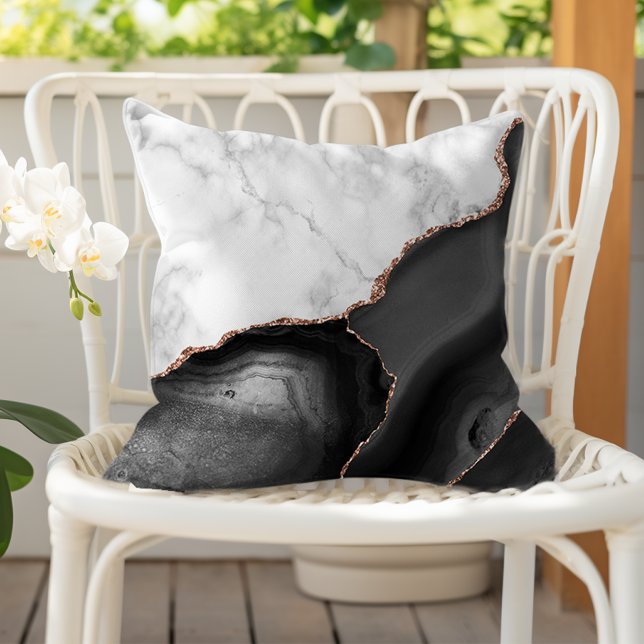 White Marble Black Agate Rose Gold Faux Glitter Cushion (Creator Uploaded)