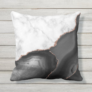 White Marble Black Agate Rose Gold Faux Glitter Cushion