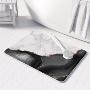 White Marble Black Agate Rose Gold Glitter Bath Mat