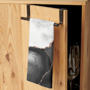 White Marble Black Agate Rose Gold Glitter Tea Towel