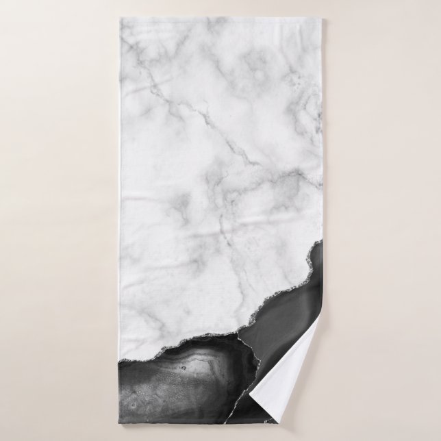White Marble Black Agate Silver Glitter Bath Towel (Bath Towel)