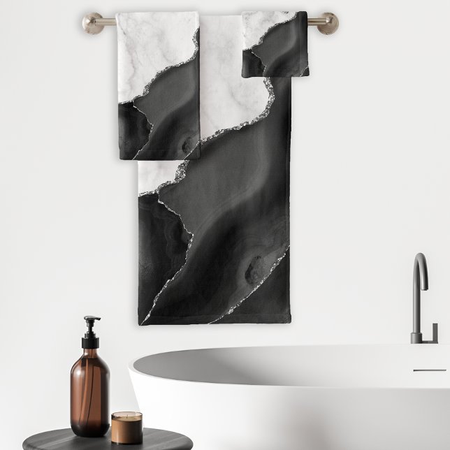 White Marble Black Agate Silver Glitter Bath Towel Set (Creator Uploaded)