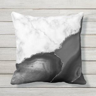 White Marble Black Agate Silver Glitter Cushion