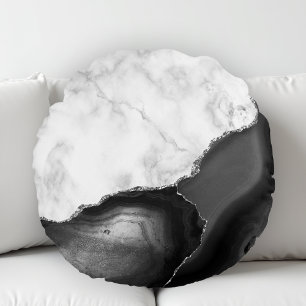 White Marble Black Agate Silver Glitter Round Cushion