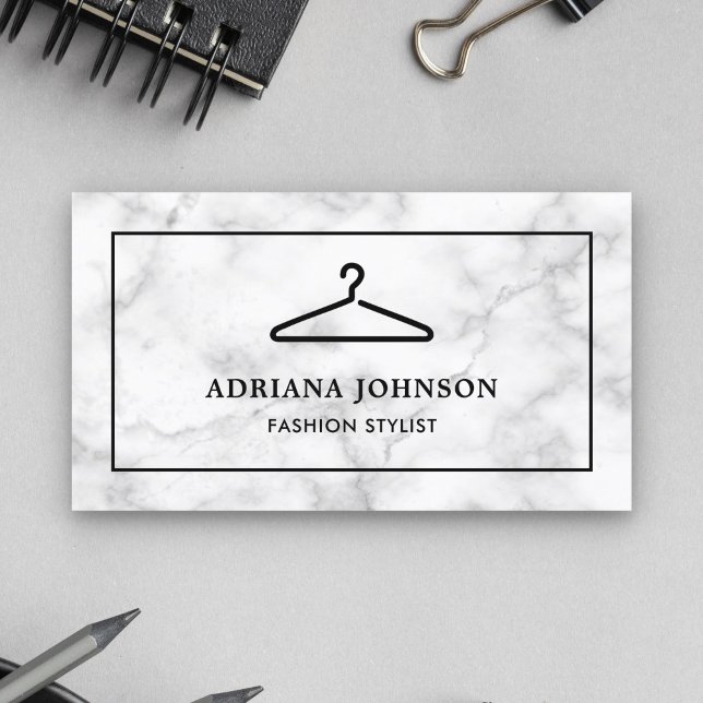 White Marble Black Clothes Hanger Fashion Stylist Business Card (Creator Uploaded)