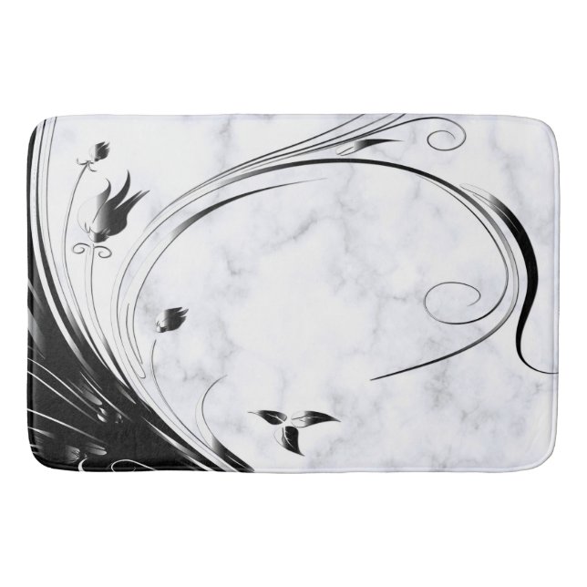 White Marble, Black Filigree Graphic Bath Mat (Front)