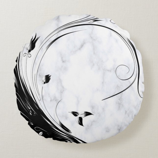 White Marble, Black Filigree Graphic Round Cushion (Front)