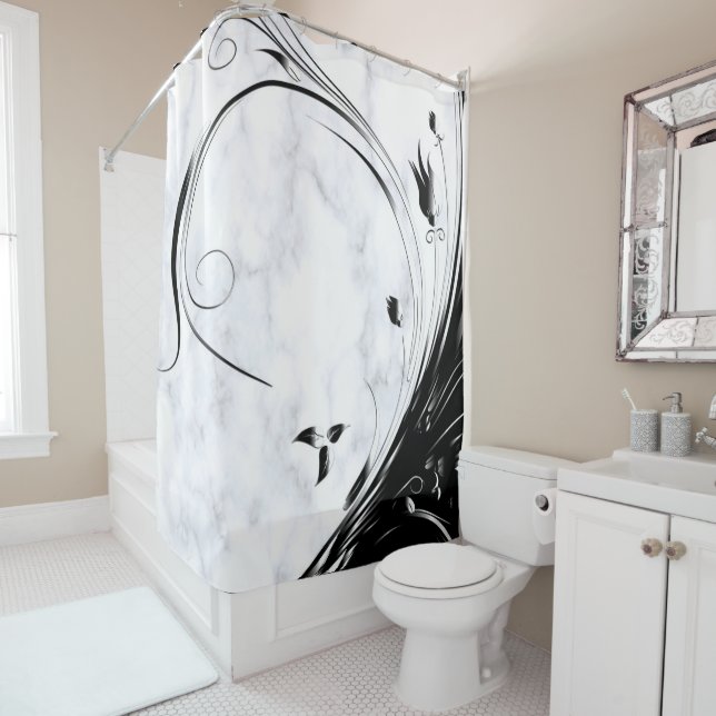 White Marble, Black Filigree Graphic Shower Curtain (In Situ)
