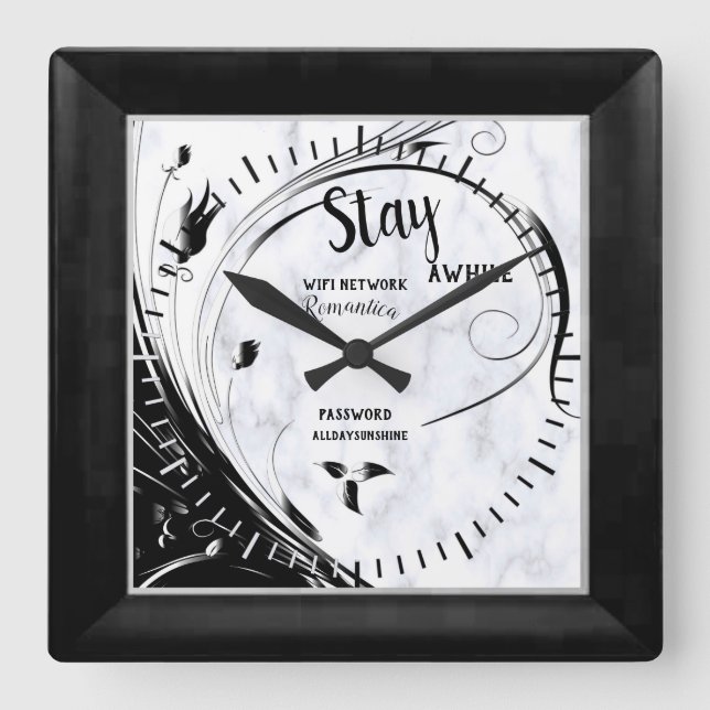 White Marble, Black Filigree Graphic Square Wall Clock (Front)