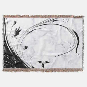 White Marble, Black Filigree Graphic Throw Blanket