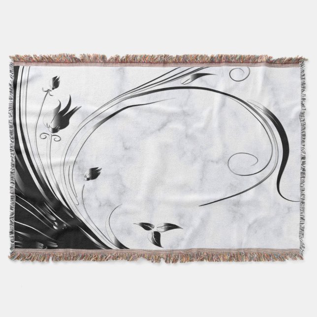 White Marble, Black Filigree Graphic Throw Blanket (Front)