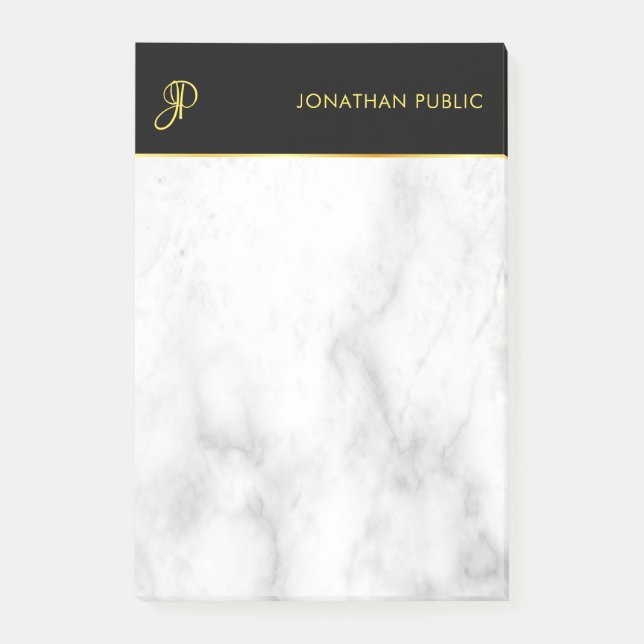 White Marble Black Gold Elegant Monogram Template Post-it Notes (Front)