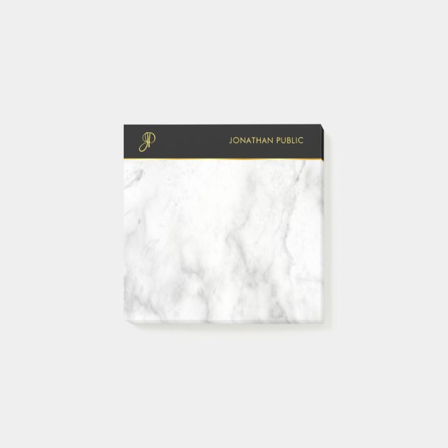 White Marble Black Gold Elegant Monogrammed Modern Post-it Notes (Front)