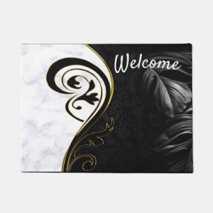 White Marble, Black, Gold Filigree Doormat