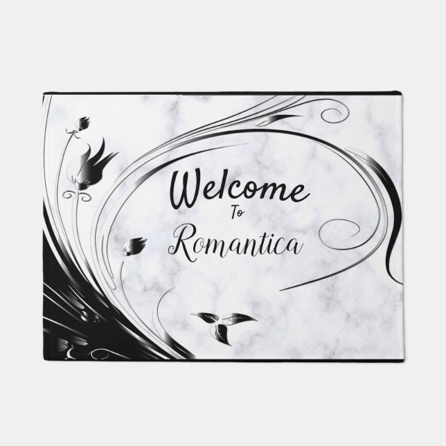 White Marble, Black, Gold Filigree Doormat (Front)
