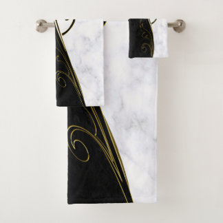 White Marble, Black, Gold Filigree Graphic Bath Towel Set