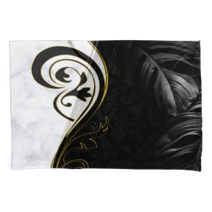 White Marble, Black, Gold Filigree Graphic Pillowcase