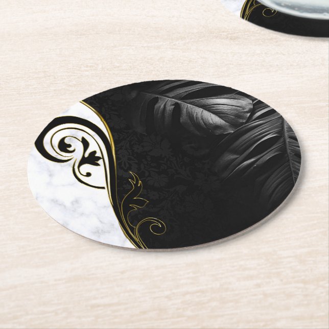 White Marble, Black, Gold Filigree Graphic Round Paper Coaster (Angled)