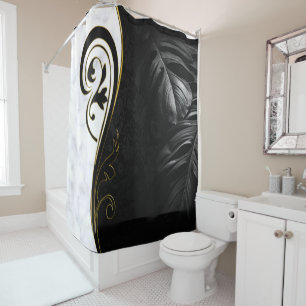 White Marble, Black, Gold Filigree Graphic Shower Curtain