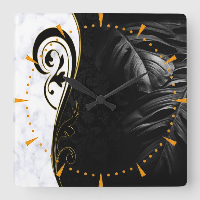 White Marble, Black, Gold Filigree Graphic Square Wall Clock (Front)