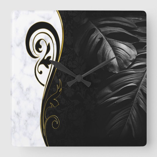 White Marble, Black, Gold Filigree Graphic Square Wall Clock (Front)