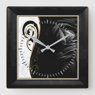 White Marble, Black, Gold Filigree Graphic Square Wall Clock