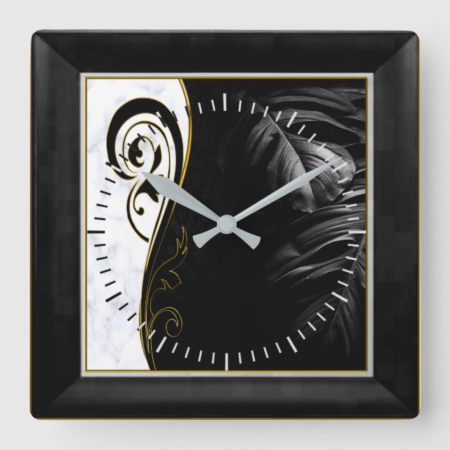 White Marble, Black, Gold Filigree Graphic Square Wall Clock (Front)