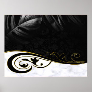 White Marble, Black, Gold Filigree Poster