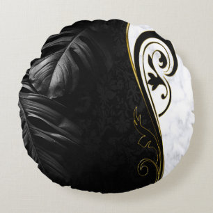 White Marble, Black, Gold Filigree Round Cushion