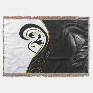 White Marble, Black, Gold Filigree Throw Blanket