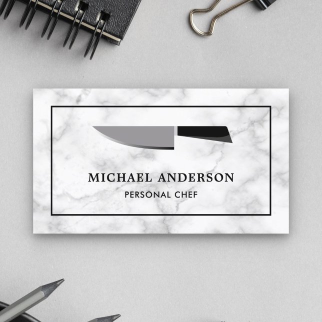 White Marble Black Kitchen Knife Personal Chef Business Card (Creator Uploaded)