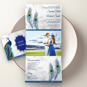White Marble Blue Indian Peacock Feathers Wedding Tri-Fold Invitation