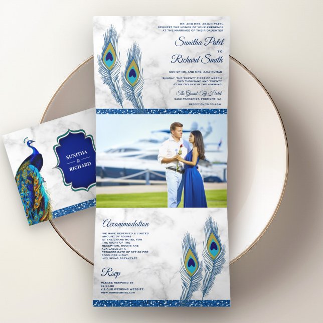 White Marble Blue Indian Peacock Feathers Wedding Tri-Fold Invitation (Creator Uploaded)