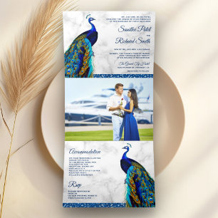 White Marble Blue Indian Peacock Wedding Tri-Fold Invitation