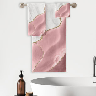 White Marble Blush Pink Agate Gold Glitter Bath Towel Set