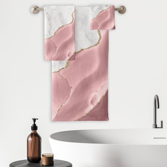 White Marble Blush Pink Agate Gold Glitter Bath Towel Set (Creator Uploaded)