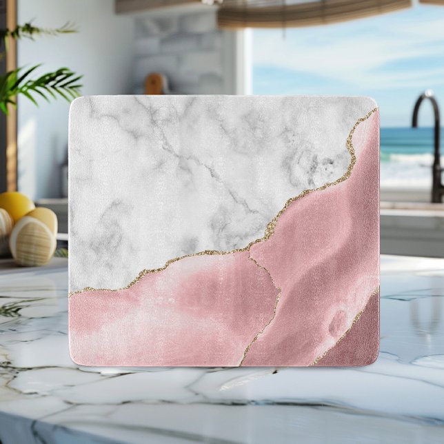 White Marble Blush Pink Agate Gold Glitter Cutting Board (Creator Uploaded)