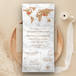 White Marble Bronze World Map All in One Wedding Tri-Fold Invitation