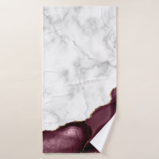 White Marble Burgundy Agate Gold Glitter Bath Towel (Bath Towel)