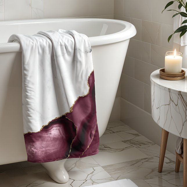 White Marble Burgundy Agate Gold Glitter Bath Towel (Creator Uploaded)