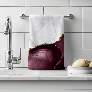 White Marble Burgundy Agate Gold Glitter Hand Towel