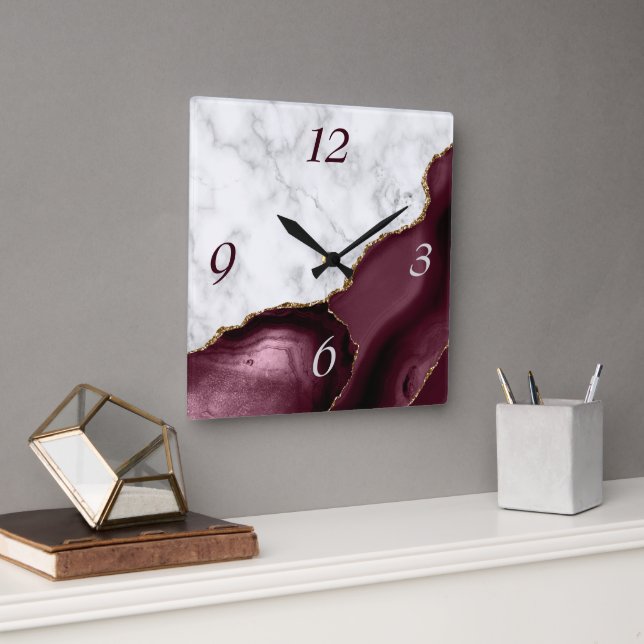 White Marble Burgundy Agate Gold Glitter Square Wall Clock (Office)