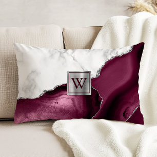 White Marble Burgundy Agate Silver Monogram Decorative Cushion