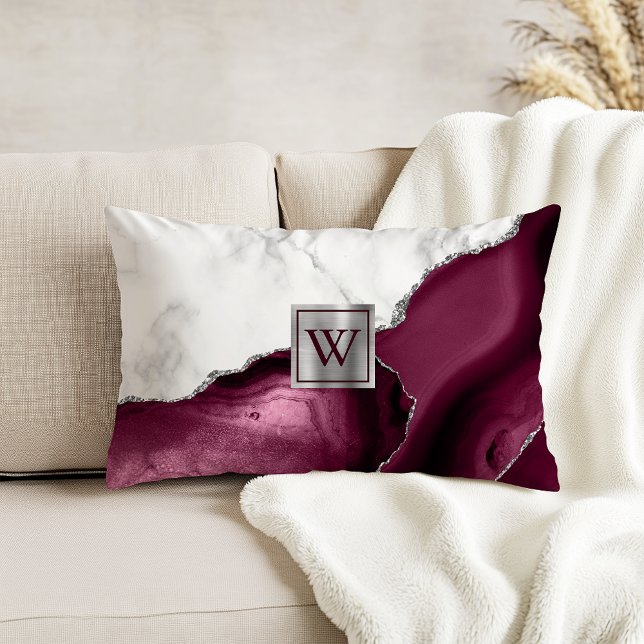White Marble Burgundy Agate Silver Monogram Decorative Cushion (Creator Uploaded)