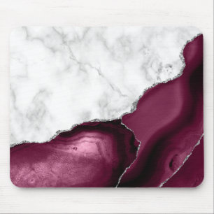 White Marble Burgundy Silver Agate Mouse Pad