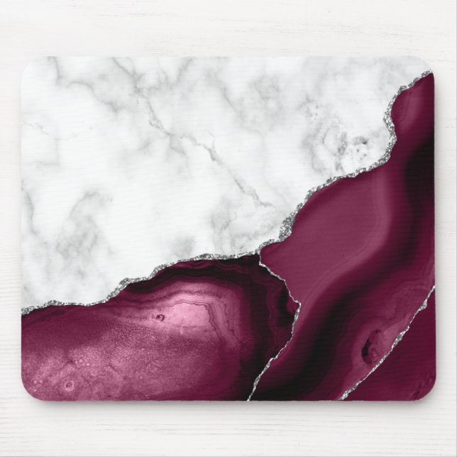 White Marble Burgundy Silver Agate Mouse Pad (Front)