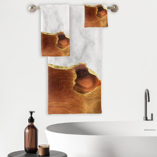 White Marble Burnt Orange Agate Gold Foil Glitter Bath Towel Set